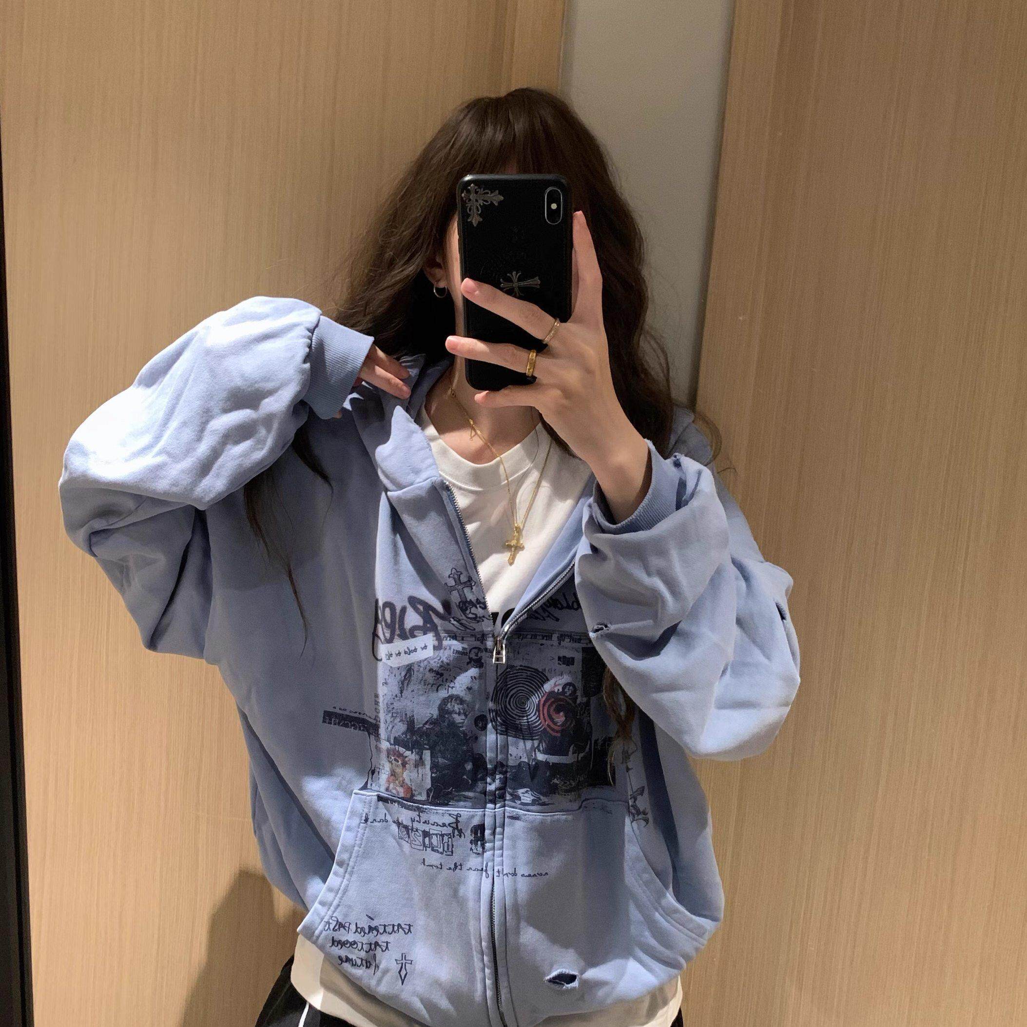 美式街头做旧破洞蓝色连帽拉链卫衣女春秋2026新款慵懒风开衫外套