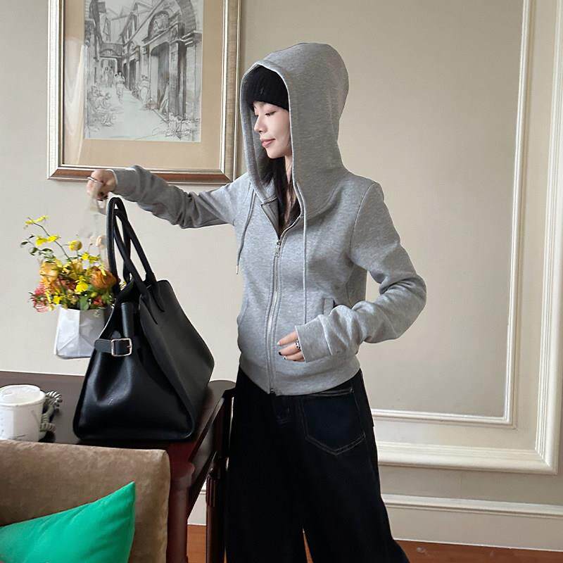 金苏一 灰色连帽卫衣女2026春秋韩版休闲百搭帽衫chic打底上衣潮