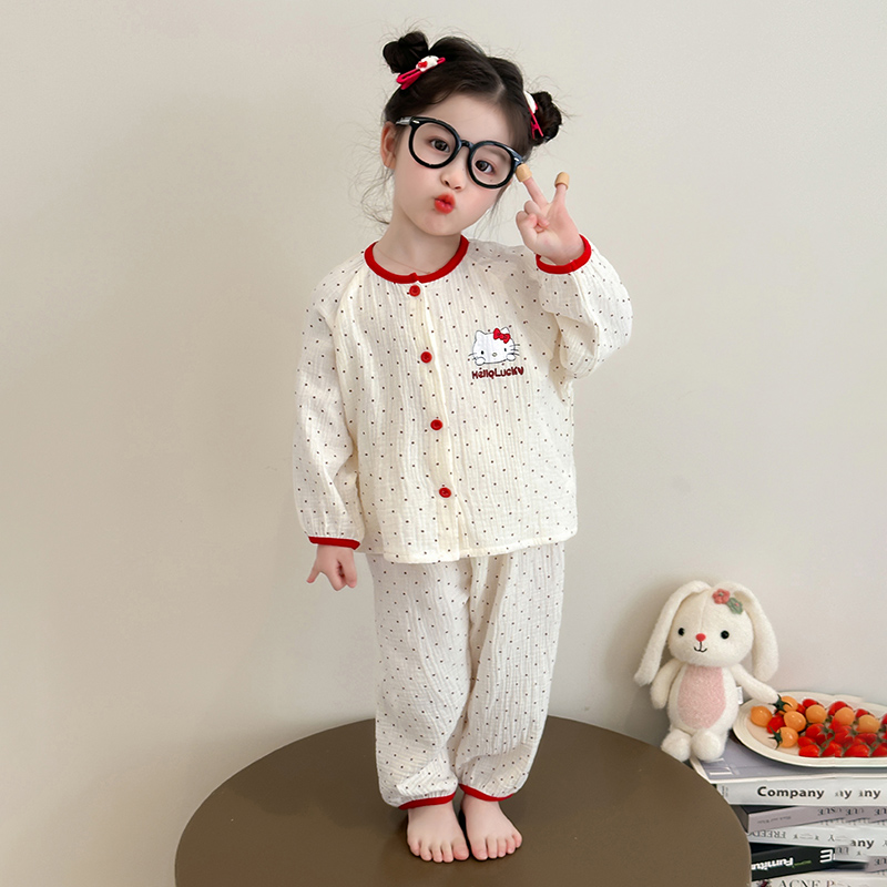 儿童新款睡衣春夏宝宝长袖纱布夏季空调服女童卡通开衫家居服套装