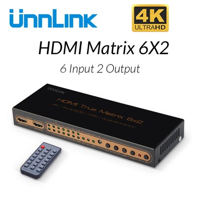 Unnlink HDMI Matrix 6x2 Switcher Splitter 4K@30Hz 6 In 2 Ou