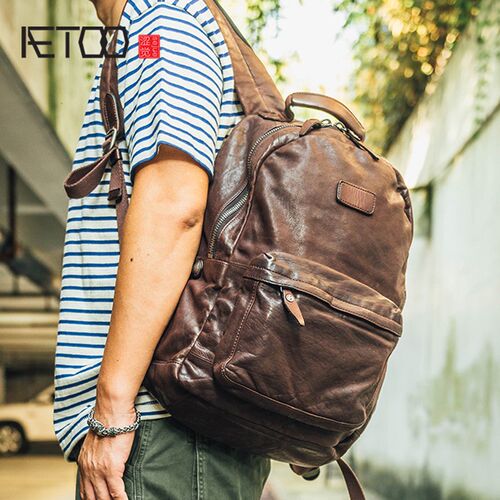 AETOO Cowhide men's doubles shoulder bag retro trendy head