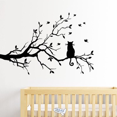 Cat on a tree branch wall sticker Living room sofa backgroun