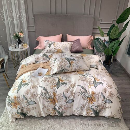 Beige Flowers Floral Nordic Egyptian Cotton Bedding Set Quee