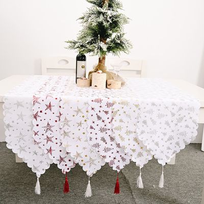 Christmas Stamping Gold White Table Runner Xmas Tree Star Pr