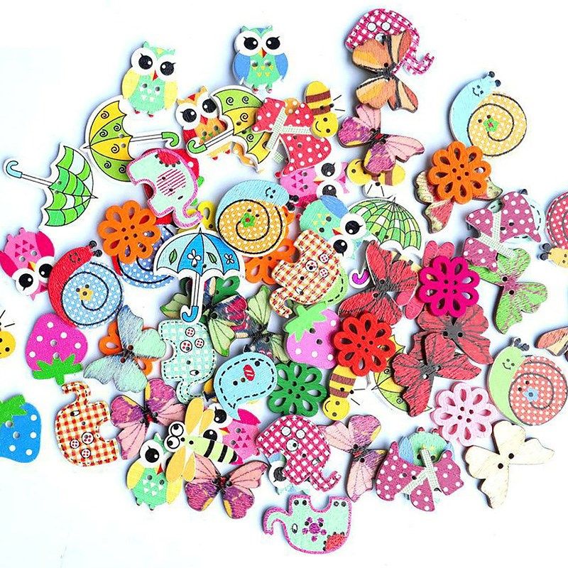 50pcs/lot 2 hole vintage mixed painting wooden buttons for c