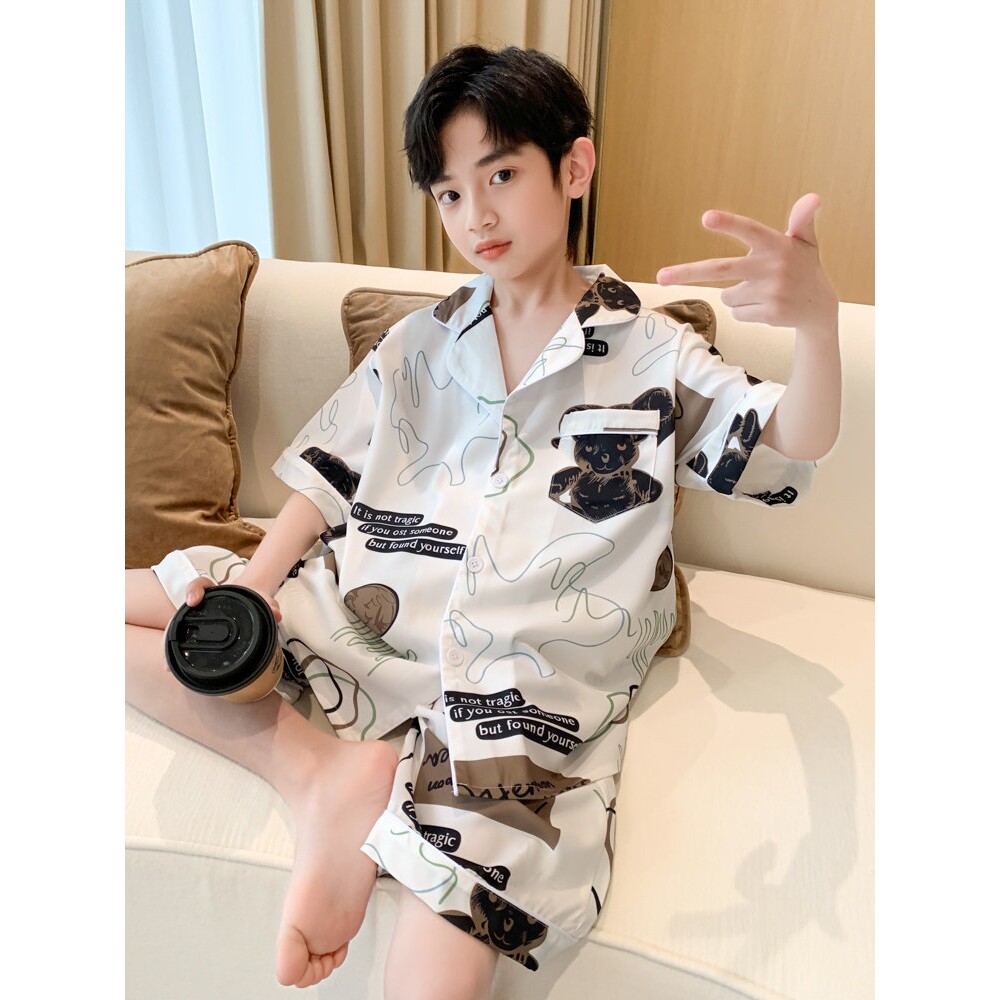 儿童装男童夏装睡衣冰丝短袖套装家居服夏款薄款夏季中大童空调服