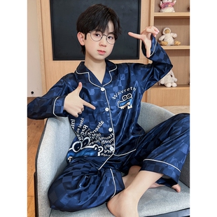 青少年中大童夏天丝绸男孩家居服套装 儿童睡衣冰丝长袖 男童春秋季