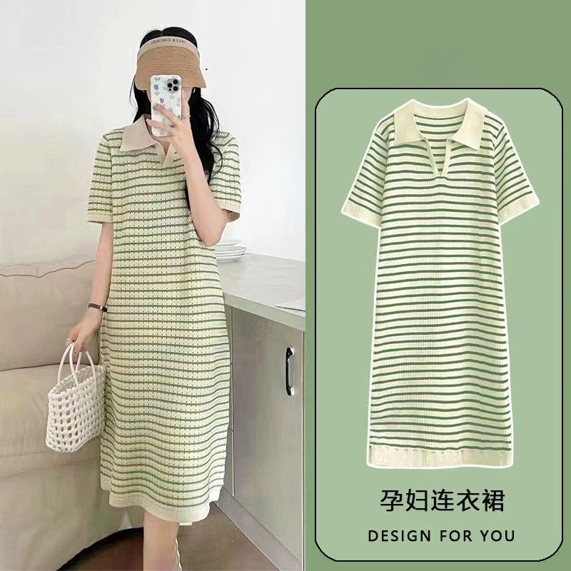 法国cherry kitty时尚孕妇装夏季polo领冰凉镂空条纹针织可哺乳
