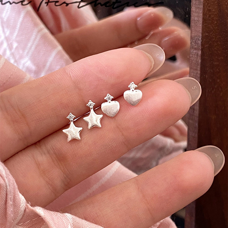 日本portney bells925银拉丝爱心锆石耳钉星星耳饰女ins小众设计