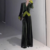 v领上衣阔腿裤 日本portney 套装 丝绒拼接时尚 女 bell秋冬新款