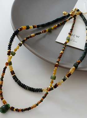日本portney bell绿玛瑙石吊坠项链手工串珠复古设计叠戴颈链