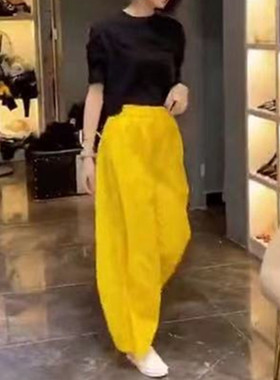 日本portney bell发新款两件套黑色打底衫黄色高腰阔腿裤时尚女