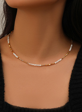 日本portney bell简约复古贝母算盘珠石圆珠串珠项链女轻奢百搭