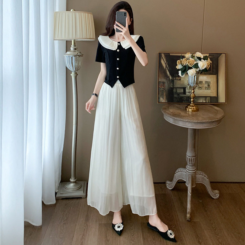 英国cherry kitty气质穿搭一整套短袖阔腿裤夏季新款修身减龄洋气