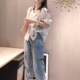 bell秋季 高腰水洗牛仔裤 新款 花朵衬衫 洋气女 时尚 日本portney