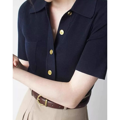日本portney bell 新款polo领短袖t恤针织衫女装 修身显瘦短款