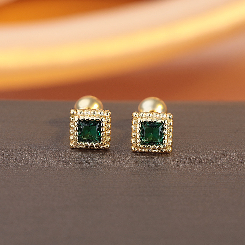 英国设计师cherry kittys925银复古小巧祖母绿螺纹方形耳钉女轻奢