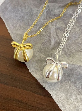 日本portney bells925银蝴蝶结珍珠项链ins小众轻奢风甜美气质