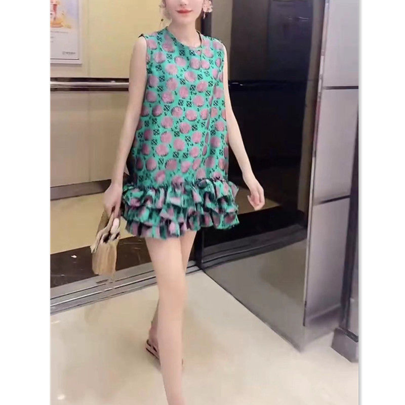日本portney bell夏季新款无袖碎花连衣裙女宽松荷叶边蛋糕裙