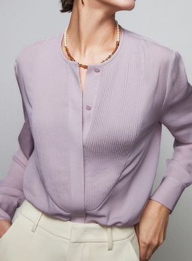 日本portney bell紫色迷情轻复古圆领blouse慢工艺风琴褶定纺鬼