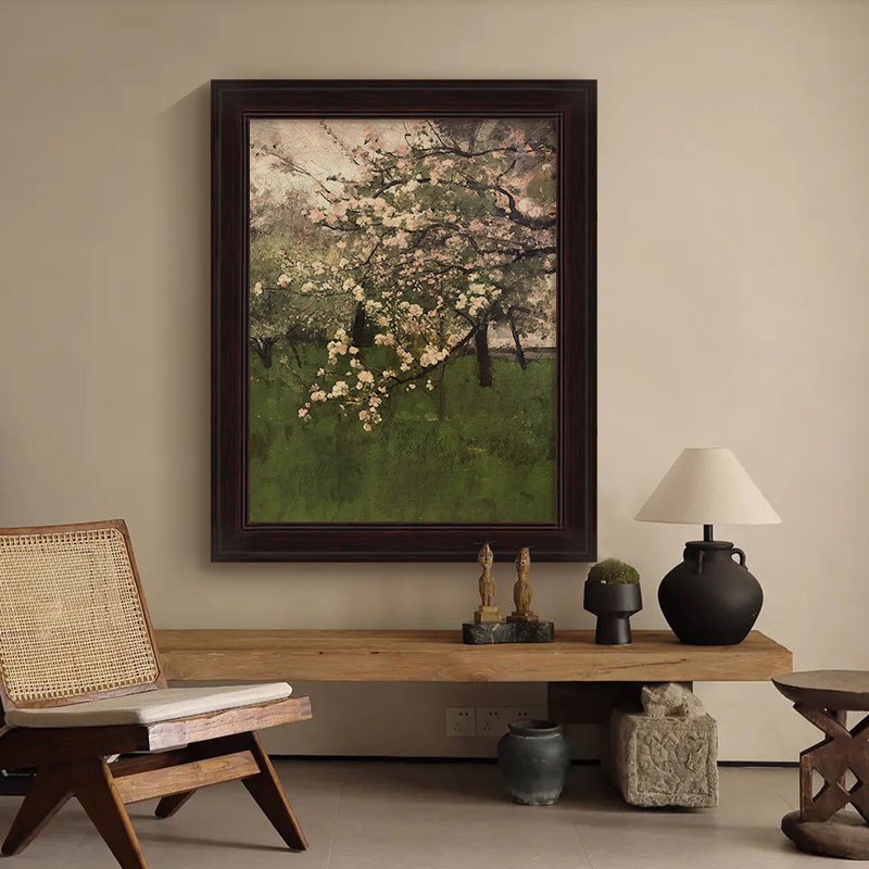 中古风植物花卉手绘油画高级感新中式客厅装饰画玄关挂画餐厅壁画