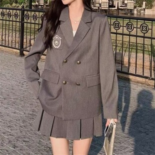 学院风西装jk制服套装女春秋2025新款小个子韩风chic百褶裙两件套
