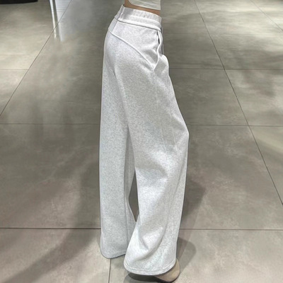 美式白灰色高腰抽绳同动裤子女裤2025秋冬季高腰显瘦加绒阔腿卫裤