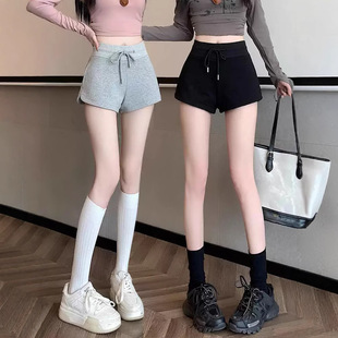 a字高腰宽松阔腿沙滩热裤 韩版 ins潮流 女夏季 灰色纯棉运动休闲短裤