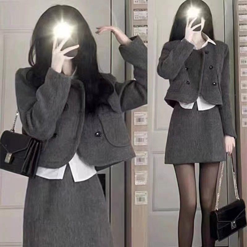 小香风毛呢套装裙女春秋复古小西装半身裙两件套茶系穿搭气质优雅