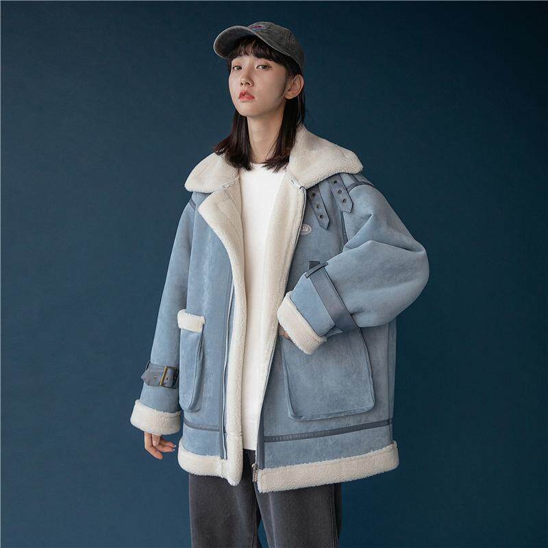 棉衣羊羔毛外套女2022新款冬季绒棉服宽松加厚机车服加绒皮毛一体