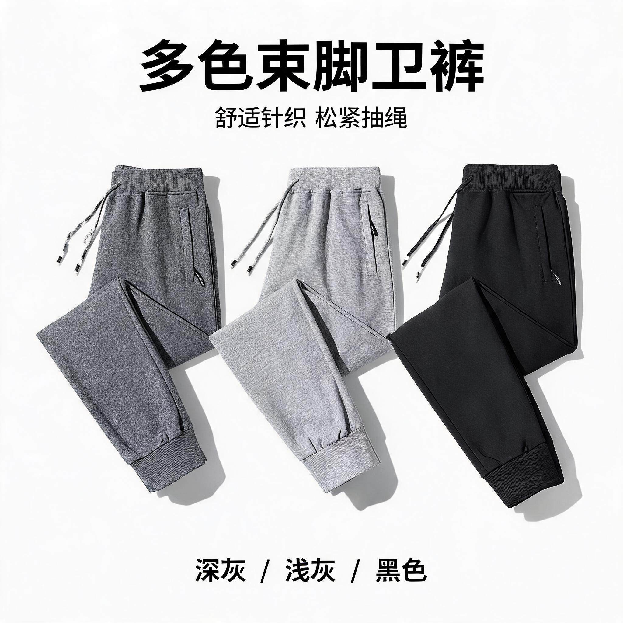 休闲针织卫裤男春秋款宽松裤抽绳束脚拉链口袋多色可选运动长裤