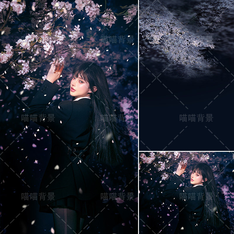 2025年新款樱花JK少女春日夜晚拍照写真背景布高级感夜樱氛围感日系昭和写真自然风景影棚室内背景纸MH-2391