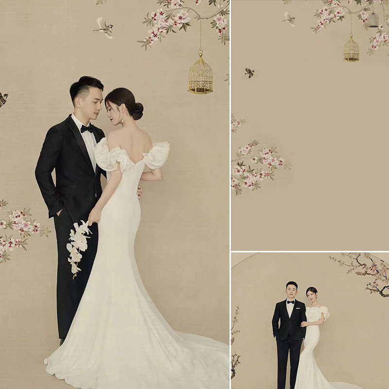 工笔画室内摄影婚纱照情侣艺术写真油画背景布影楼复古仿手绘旗袍民国风摄影拍照幕布拍摄道具