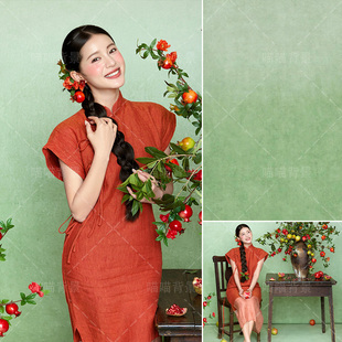 绿色油画肌理新中式石榴少女写真拍照背景布中秋节国庆生日照旗袍国风姑娘氛围感艺术照影棚室内纸MH-3119