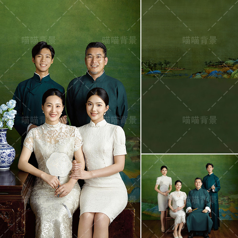 旧时国风照千里江山图绿色全家福写真拍照背景布新中式旗袍影棚室内工笔画一家六口拍照中秋氛围感MH-3135