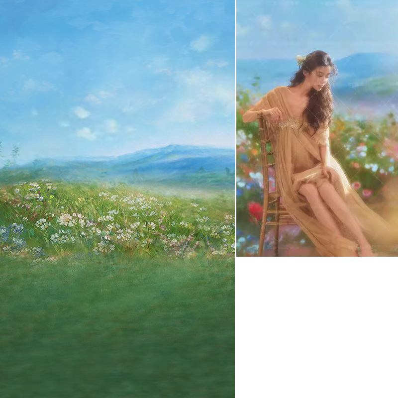 孕妇亲子照油画风莫奈花园田野花朵风景绿色影楼婚纱摄影少女写真背景布拍摄室内商拍摄影道具背景纸MH-1546