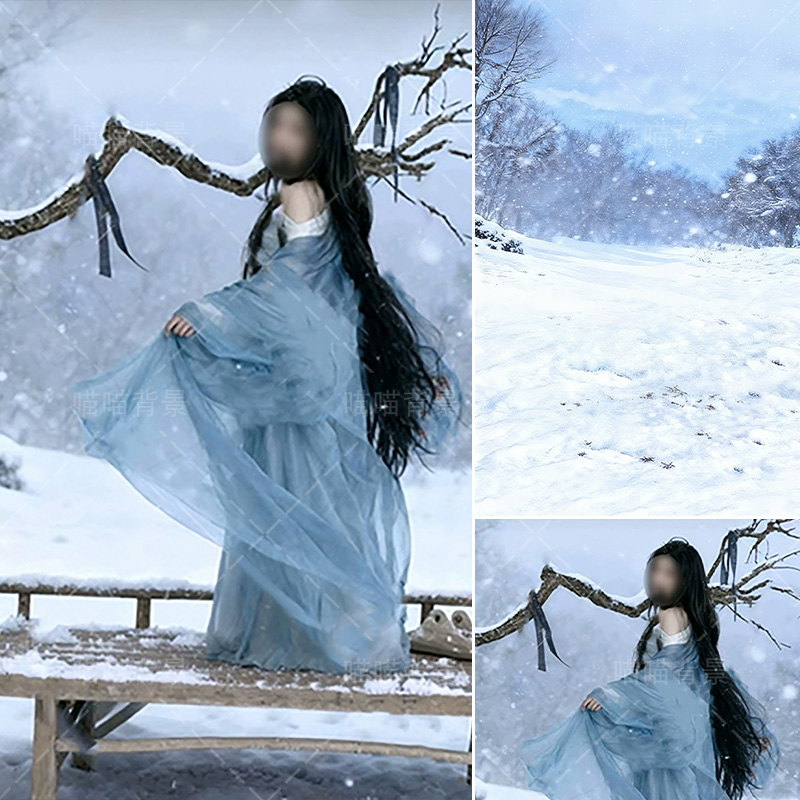 冬天古风雪景少女写真拍照背景布冬季汉服写真室内氛围感艺术照喷绘摄影背景纸雪山雪松雪地氛围感IMH-3132