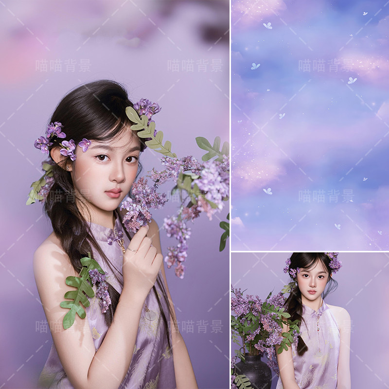 新款春季新中式紫色油画儿童写真拍照背景布丁香花氛围感梦幻国风影棚室内亲子照女童拍照道具背景纸MH-4057