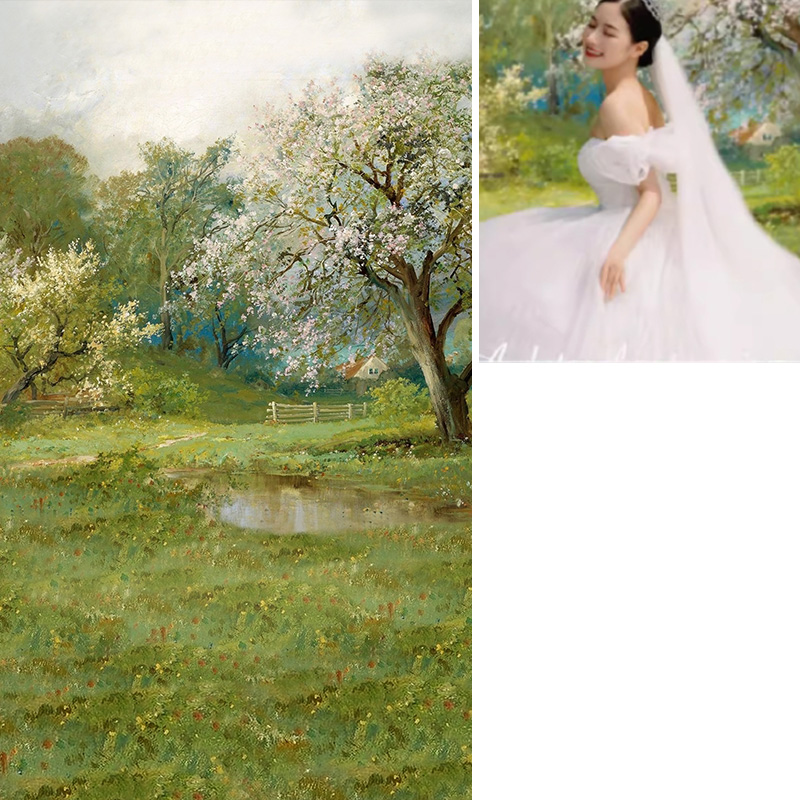 新款春季油画风景室内拍照背景布商拍婚纱照摄影道具背景纸春天少女樱花高级感2024年新款拍照背景布MH-1276