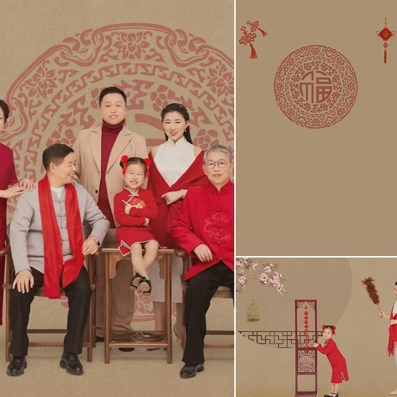 喜庆全家福工笔画背景布图片