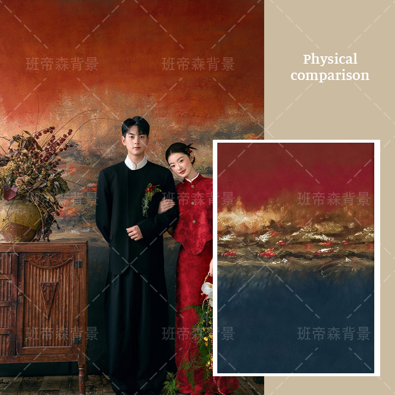 红色新中式旗袍国风油画影楼婚纱摄影拍照背景布东方中国风氛围高级感新款影棚婚纱拍照背景纸浪漫MH-2782