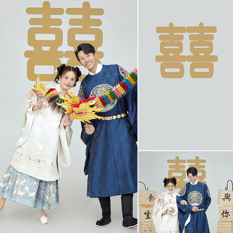 欢天喜地嫁公主新中式影楼婚纱摄影背景布传统庄重汉服氛围感简单俏皮纯色灯笼婚纱照企琴瑟和鸣MH-1103