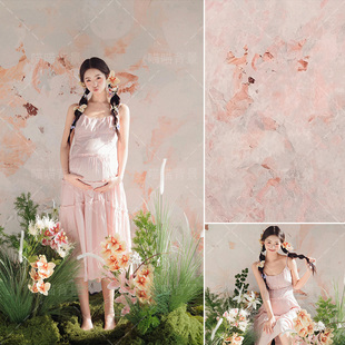 春日孕妇粉色复古肌理油画拍照背景布少女感侘寂风水泥墙影楼影棚室内氛围高级感人像产品婚纱照高端MH 2648