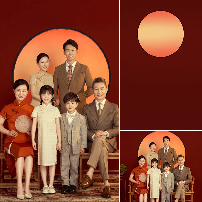 中式全家福民国旗袍工笔画