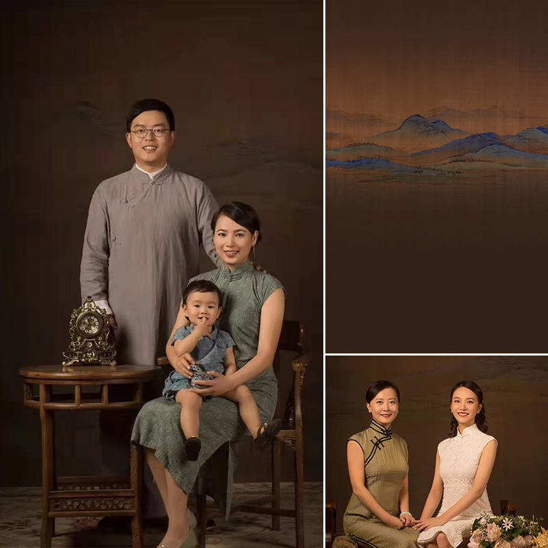 深色系室外山水画全家福油画背景布复古民国风中式旗袍影楼摄影艺术写真纪念照拍照道具背景布