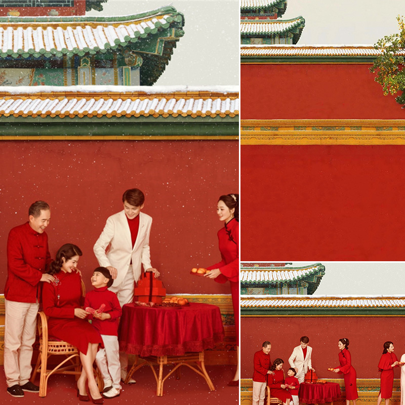 布背景布影楼复古喷绘背景仿手绘古装旗袍拍照全家福背景全家福红墙