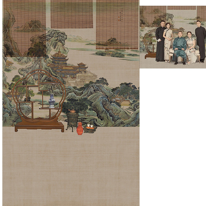 古装工笔画古风全家福油画背景布拍摄道具复古喷绘背景仿手绘工笔画风景中国风室内拍照艺术婚纱影棚写真幕布图片