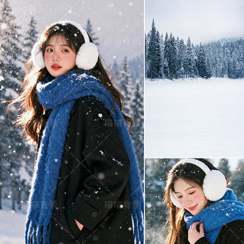日系雪景少女写真拍照背景布雪松圣诞节日氛围感影棚室内高级感雪地冬季森林艺术照摄影背景纸道具喷MH-0468