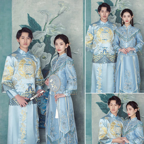 油画背景布摄影影楼婚纱旗袍国潮民国风复古婚纱蓝色秀禾服摄影背景仿手绘照相馆拍照无纺布拍摄