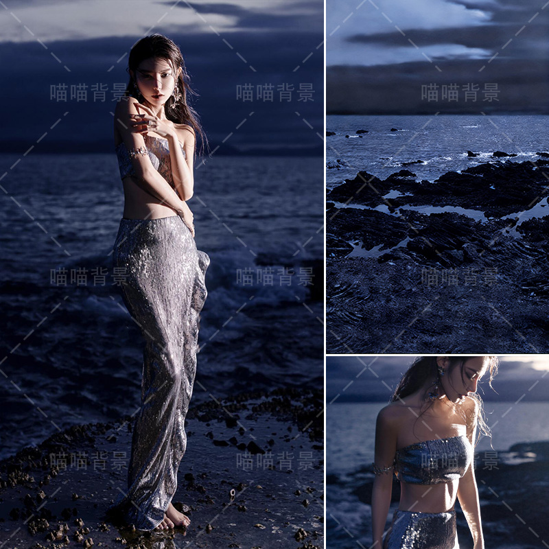 夜晚海景少女写真拍照背景布氛围感海洋女神冬季大海礁石写真海边纯欲风格影棚室内摄影背景纸高级感MH-3187